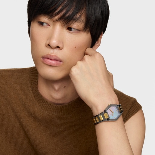 Reloj analógico con brazalete de acero negro, dorado y esfera de nácar gris Karat