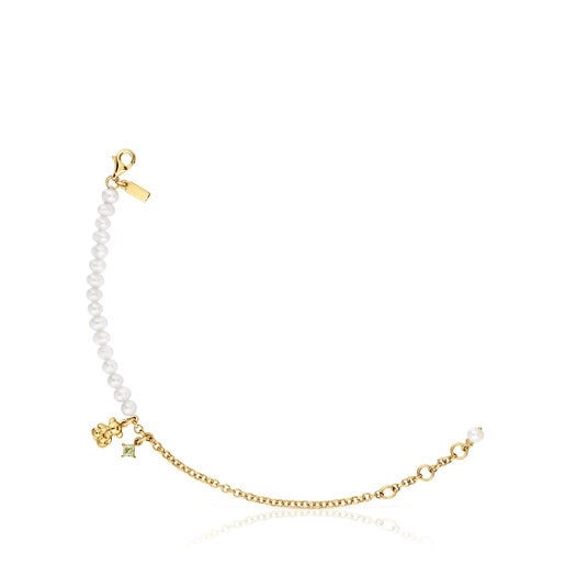 Chain bear Bracelet with gold plating over silver, cultured pearls and peridot Bold Bear