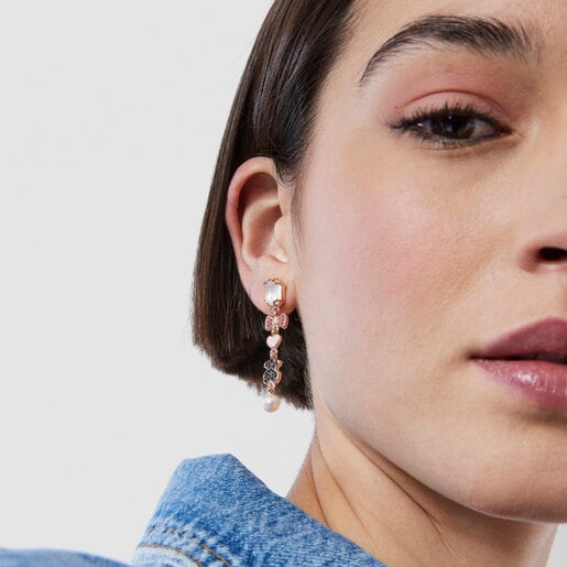 ピアス Join３モチーフ　クォーツ・ルビー・ブラックスピネル ・パール/ ピンクゴールドコーティング