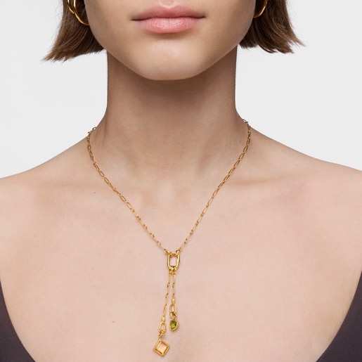 Short 18kt gold plating over silver Necklace with double pendant detail and ring Hold Oval