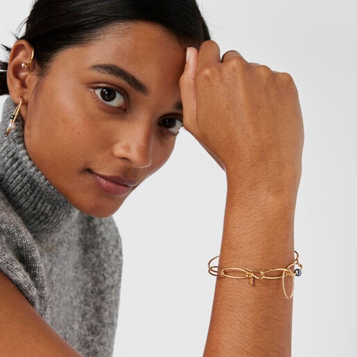 ゴールドコーティング シルバーに養殖パールが付いたブレスレット Elipse