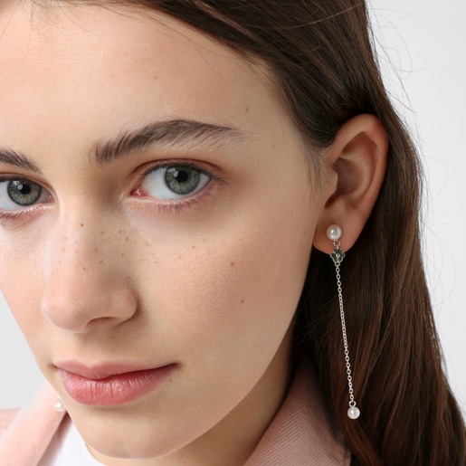 Silver TOUS New Motif Long Earrings with chrome diopside, amethyst and pearls