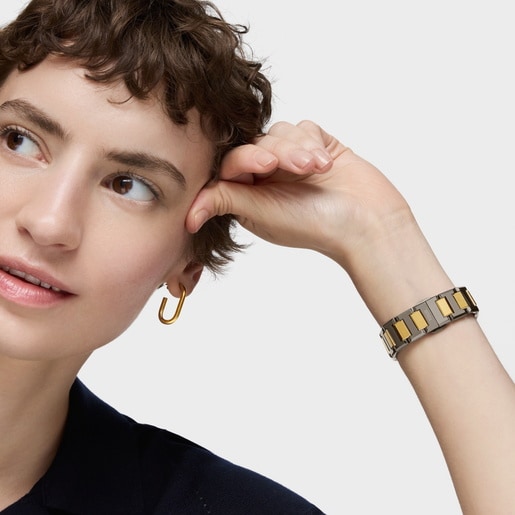 Reloj analógico con brazalete de acero negro, dorado y esfera de nácar gris Karat