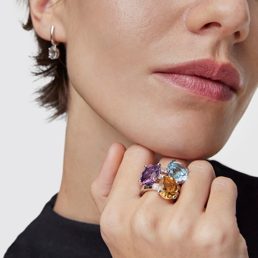Basic Colors silver Ring with diamond and topaz
