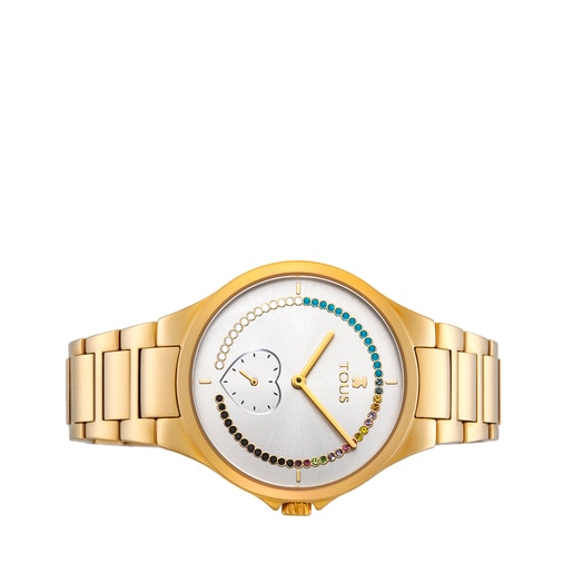 Gold-colored IP Steel heart Motion Straight Watch with crystals