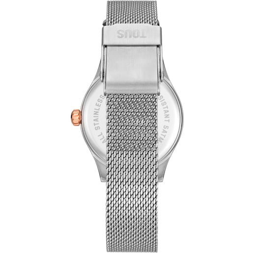 ساعة تناظرية بسوار من الصُلب وحلية من الصُلب باللون الوردي ووجه من عرق اللؤلؤ من تشكيلة TOUS EPIC ICON KDT