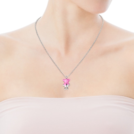 Silver Teddy Bear Pendant with pink enamel - Online exclusive