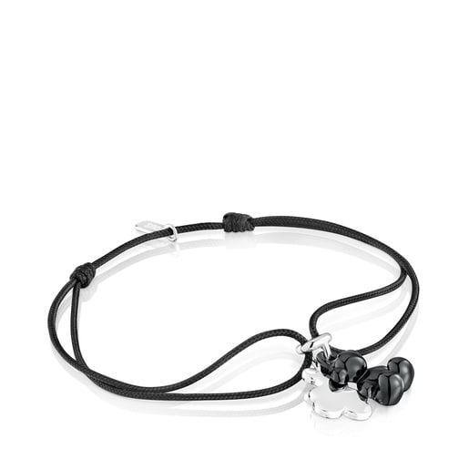 Pulsera doble oso de plata con cerámica negra y nylon negro Bold Bear