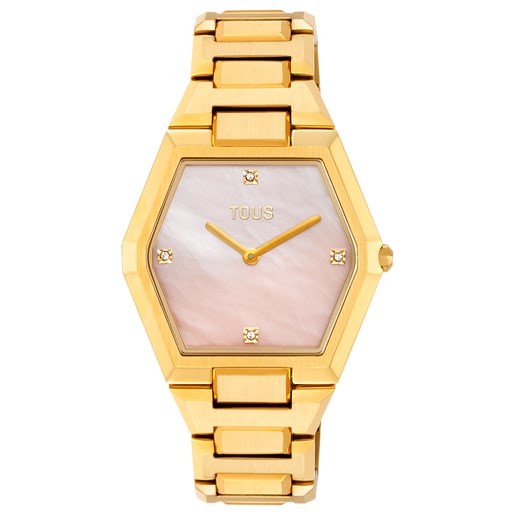 Reloj analógico con brazalete de acero dorado y esfera de nácar rosa Karat