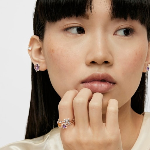 Silver Color Pills Ring with amethyst