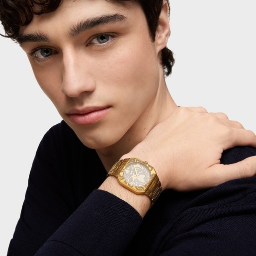 Analog watch with gold-colored embossed steel bracelet Lit