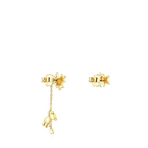 Aretes corto/largo Teddy Bear Stars con baño de oro 18 kt sobre plata y gemas