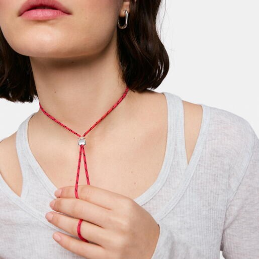 Long silver and pink nylon bear Necklace TOUS Bold Motif