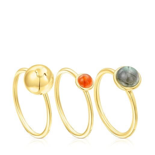 Set of three silver vermeil Plump Rings with gemstones