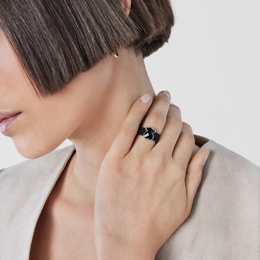 Anillo de acero IP negro y ónix facetado motivo oso Mesh Color