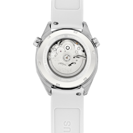 שעון אנלוגי Now של TOUS עם רצועת סיליקון לבנה, מארז מפלדה ועיצוב לוח שעון בגוון אם הפנינה
