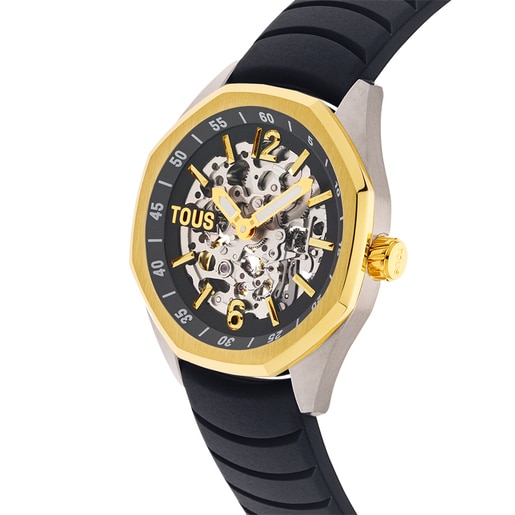 Automatic analog Watch with gold-colored IP steel case and black silicone bracelet TOUS Now