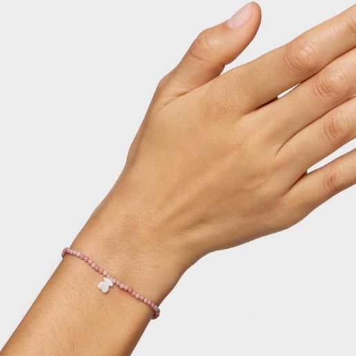 ピンクオパールとシルバーのベアのモチーフが付いた伸縮性ブレスレット TOUS Motif