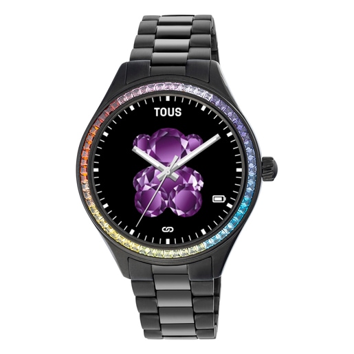 Chytré hodinky T-Shine Connect s řemínkem z černé IP oceli a duhovými kubickými zirkoniemi