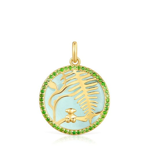 Yunque openwork pendant with 18 kt gold plating over silver, quartzite and chrome diopside