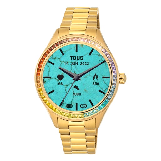Reloj smartwatch con brazalete de acero IP dorado y zirconias rainbow T-Shine Connect