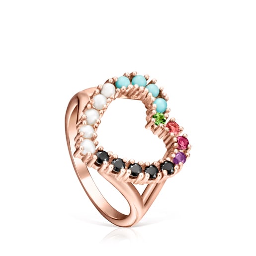 Anillo corazón con baño de oro rosa 18 kt sobre plata y gemas multicolor forma corazón San Valentín