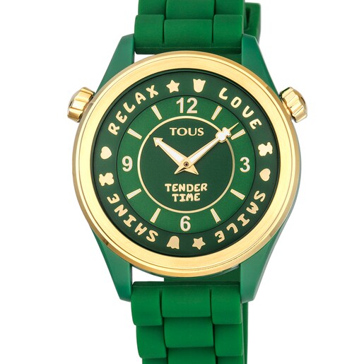 Reloj Tender Time de acero IP dorado con correa de silicona verde