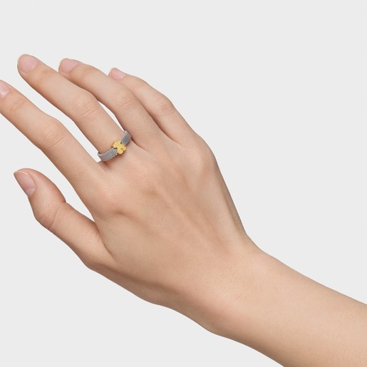 Gold and Steel Icon Mesh Ring