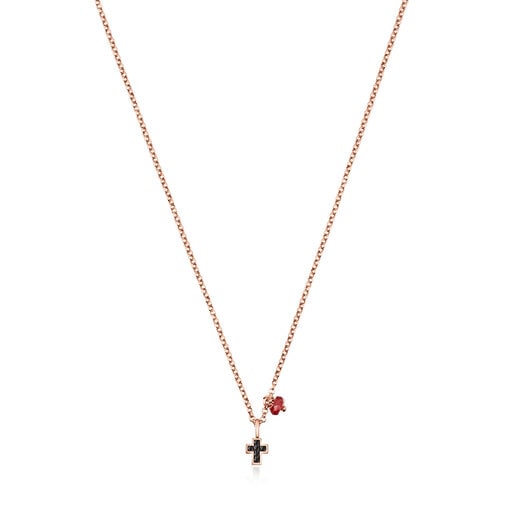 Collier Motif croix en Or Vermeil rose avec Spinelles et Rubis