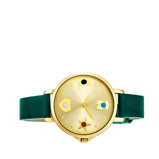 Montre Super Power en acier IP doré avec bracelet en cuir vert