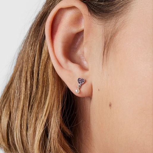 עגילי TOUS New Motif מכסף עם עיטור לב מאבני ספיר ופנינים