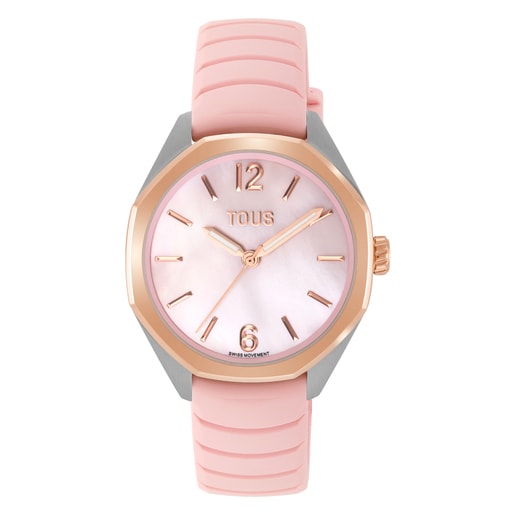 Reloj bicolor analógico con movimiento suizo, esfera de nácar y correa de caucho rosa TOUS Now Lady