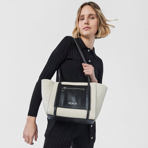ベージュとブラックのレザーミディアムショッピングバッグ TOUS Empire