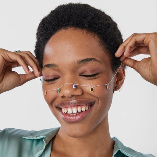 Silver TOUS Vibrant Colors bear charm Necklace with gemstones and enamel