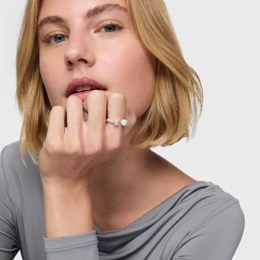 Anillo abierto de plata y perla cultivada Icon Mesh
