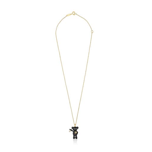 Gold Teddy Bear Necklace with titanium and diamond bear