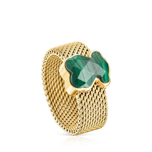 Gold-colored IP Steel Ring with Malachite Bear motif TOUS Mesh Color | TOUS