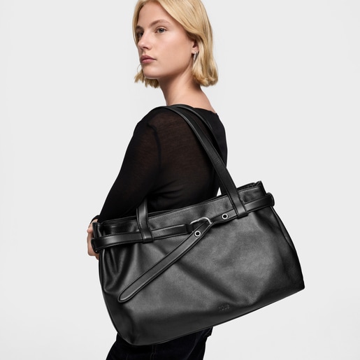 حقيبة تسوق كبيرة الحجم من الجلد باللون الأسود من التشكيلة TOUS Hold