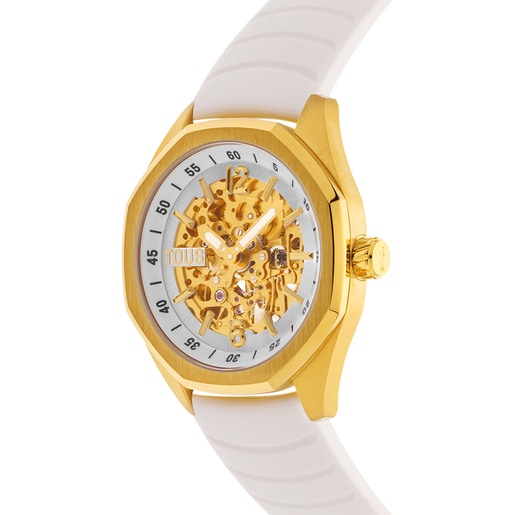 Automatic analog Watch with gold-colored IP steel case and white silicone bracelet TOUS Now