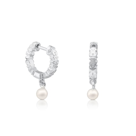 Silver TOUS Straight Hoop Earrings with Pearls