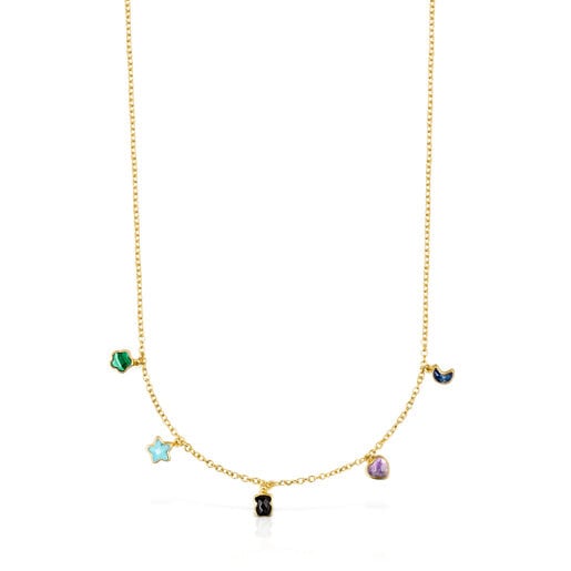 Collana con placcatura in oro 18 kt su argento e cinque motivi di gemme multicolor da 2-5 mm. Gloria 45 cm