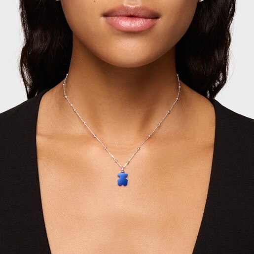 Pack gargantilla de plata y colgante oso de acero en color azul 12 mm Sweet Dolls