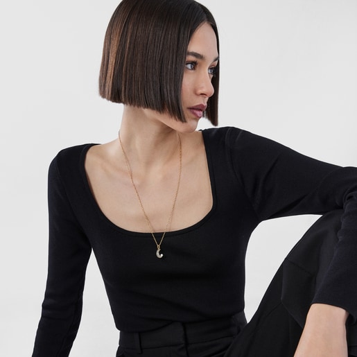 Nocturne half-moon Pendant in Silver Vermeil with Diamonds and Pearl