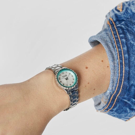 ساعة Mini T-Bear تناظرية بسوار يد من الصُلب وحافة ألومنيوم داخلية باللون الأخضر النعناعي