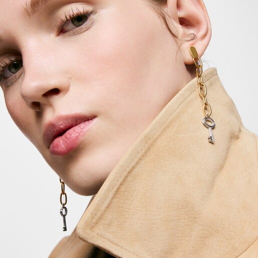 Aretes largos de acero bicolor motivo llave TOUS Charming