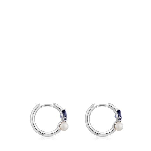 Boucles d’oreilles anneaux or blanc, iolite et perle de culture Ivette