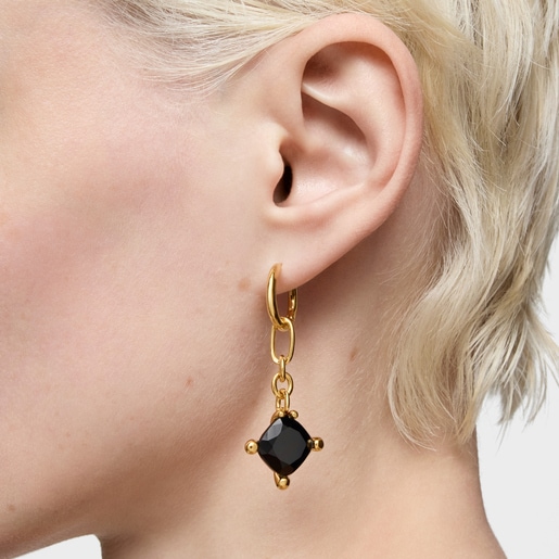 Long 18kt gold plating over silver Hoop earrings and onyx Color Black