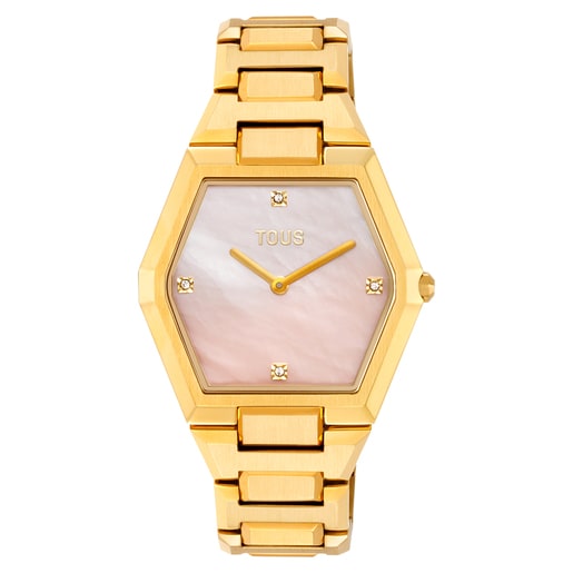 Reloj analógico con brazalete de acero dorado y esfera de nácar rosa Karat
