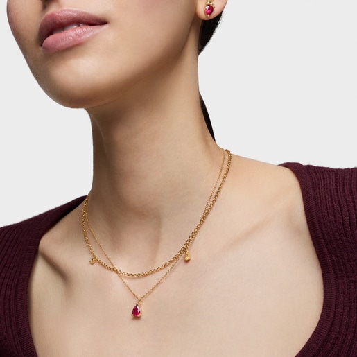 Short 18kt gold plating over silver bear motif Necklace with laboratory-grown ruby Bold Bear LGG