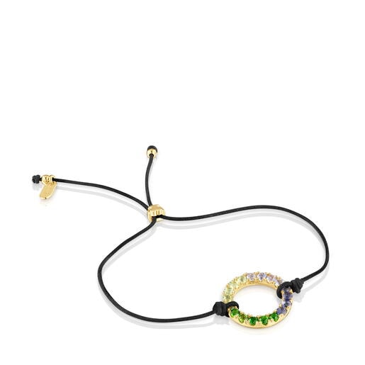Pulsera con baño de oro 18 kt sobre plata, gemas y nylon negro Straight